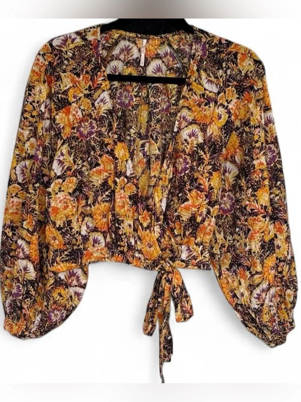 Free People Floral Tie-Front Blouse in Mustard and Purple